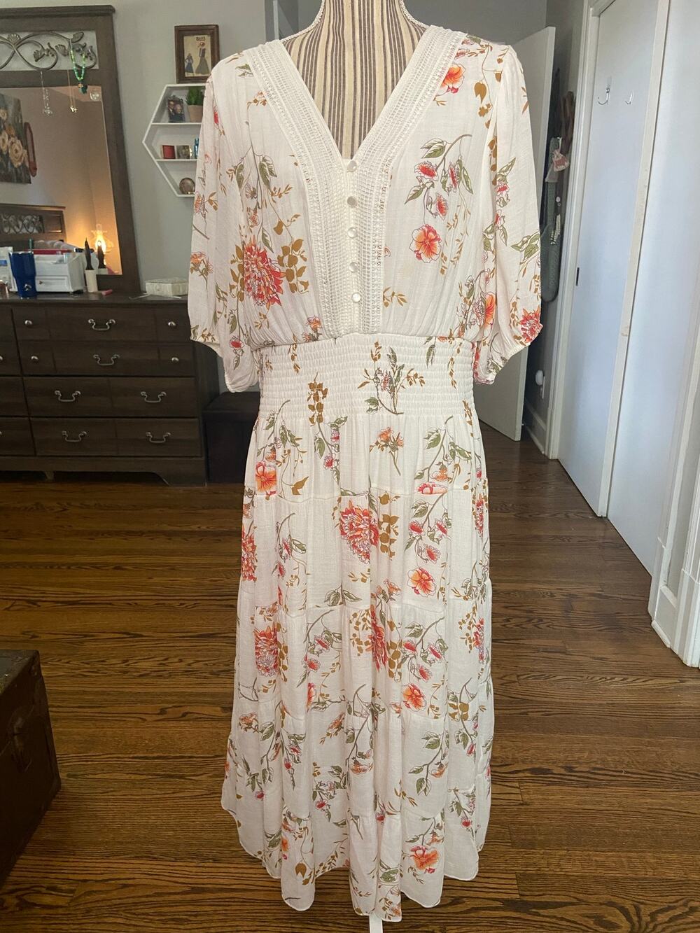 Ivory botanical print textured rayon blend maxi dress with smocked waist